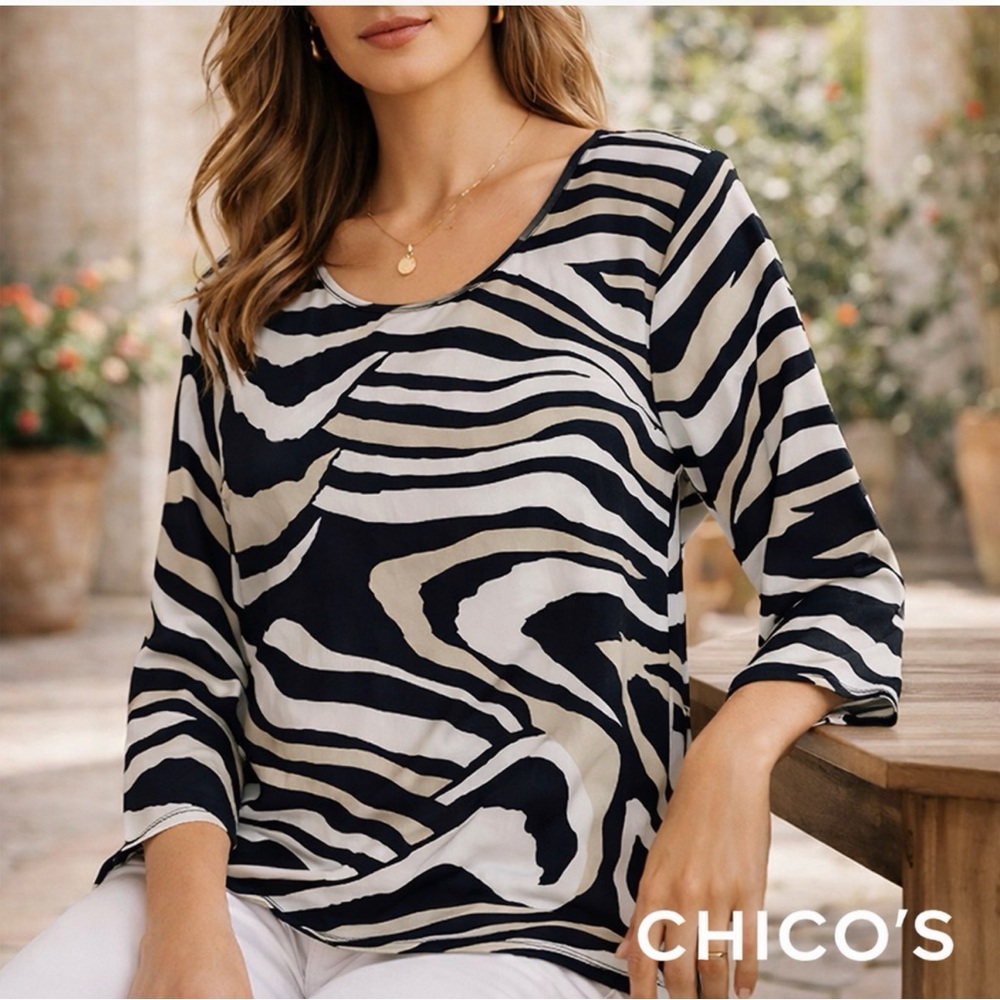 Chico’s Zebra Print Top Black White Animal Print 3/4 Sleeve Size 1 Chic